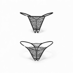 Set 2 chiloți sexy OBSESSIVE Bianca, design crotchless, model dantelă și animal print, culoare negru, mărime L/XL
