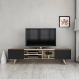 Comoda TV Assens 40 x 160 x 31 cm stejar negru cu 2 usi si 3 rafturi [en.casa] HausGarden Leisure