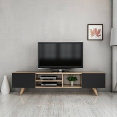 Comoda TV Assens 40 x 160 x 31 cm stejar negru cu 2 usi si 3 rafturi [en.casa] HausGarden Leisure