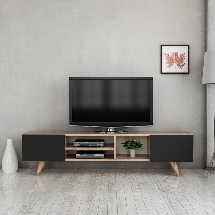 Comoda TV Assens 40 x 160 x 31 cm stejar negru cu 2 usi si 3 rafturi [en.casa] HausGarden Leisure