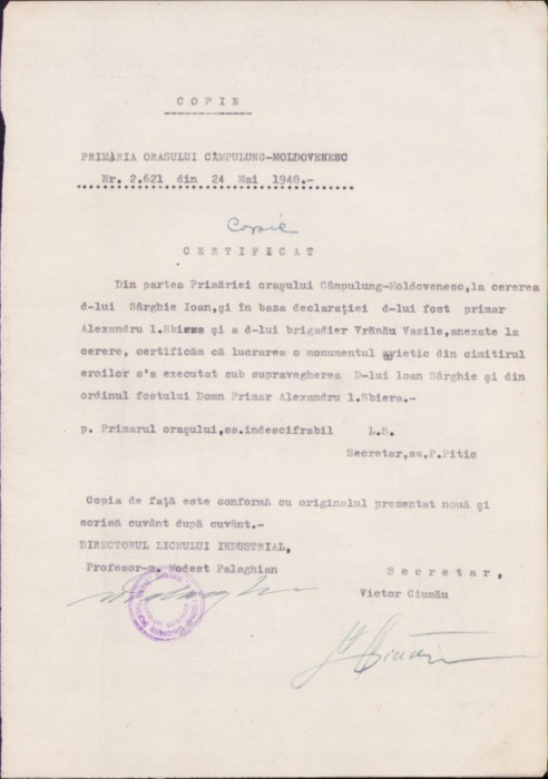 HST A2586N Copie autentificată certificat C&acirc;mpulung Moldovenesc 1948 S&acirc;rghie
