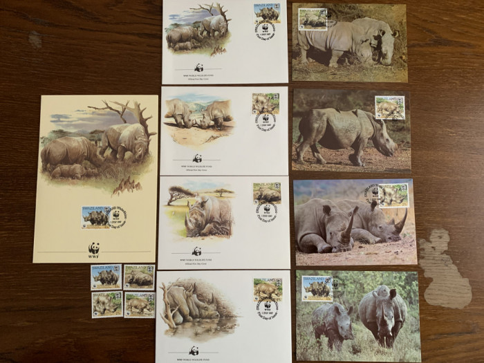 swaziland - rinocer - serie 4 timbre MNH, 4 FDC, 4 maxime, fauna wwf