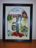 Tablou cusut brodat broderie veche inramata lucrat manual peisaj cu gradina flori casuta cu cismea fantana cu galeata Rama lemn sticla