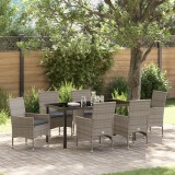 Set dining gradina vidaXL 7 piese, ratan gri, cu perne, 6 persoane, otel vopsit electrostatic