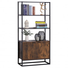 HOMCOM Biblioteca cu 3 Rafturi, Design Inaltat, din Lemn, Cadru din Metal, Negru si Maro 76x33x162.5cm