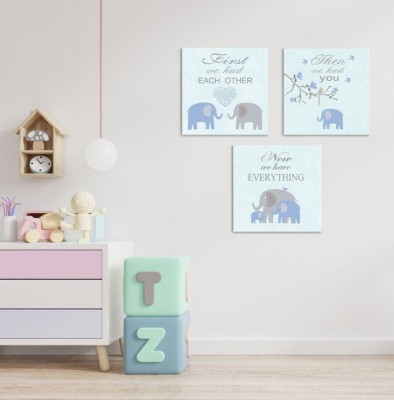 Set de 3 Tablouri Canvas, cu Mesaje de Iubire pentru Copil, Model Familie Elefanti, 25x25x15 cm, Bleu / Multicolor foto