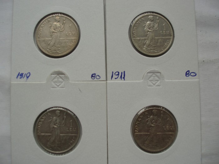 ROMANIA - SET 1 LEU 1910 + 1911 +1912 + 1914 , Ag835 , CAROL I, L 14.56
