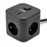 Prelungitor cub Huslog PowerSwitch HUS1002, 3 prize tip E, 1x USB-A, 2x USB-C, PD 20 W, 3680 W, cablu 1,4 m, negru