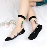 Sosete pentru dama, SS0176, model flori, Alb/Negru, marime universala