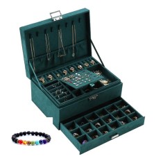 Set Cutie bijuterii, Verde smarald, cheita, material catifelat, accesoriu inclus Bratara energetica aromaterapie, 7 Chakre