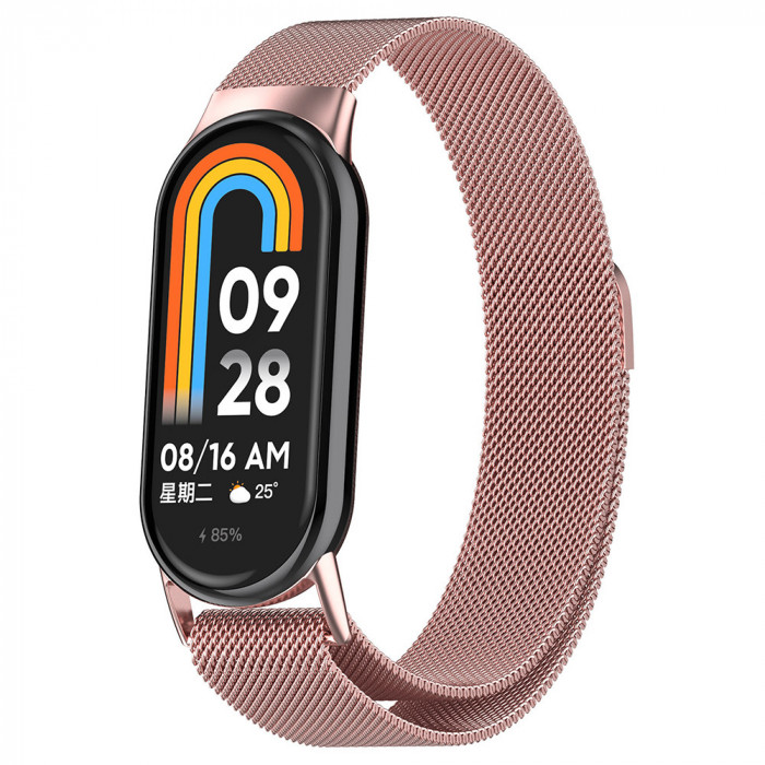 Curea smartwatch compatibila xiaomi mi band 8 / 8 nfc, catarama metalica, magnetica, minimalista, rose pink