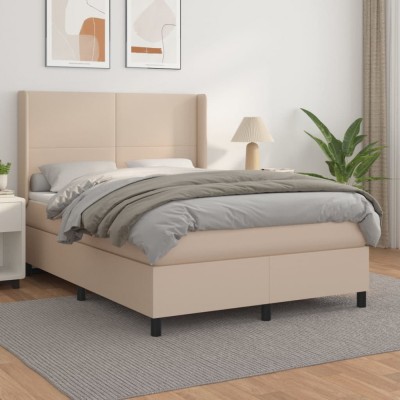 vidaXL Pat box spring cu saltea, cappuccino, 140x200cm piele ecologică foto