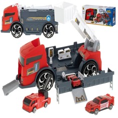 Set Camion Interactiv de Jucarie cu Masina de Pompier si Salvare, Deschidere Fata si Spate, Rampa, Transport Vehicule, Parcare, Benzinarie, Scara Rota