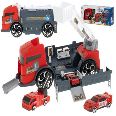 Set Camion Interactiv de Jucarie cu Masina de Pompier si Salvare, Deschidere Fata si Spate, Rampa, Transport Vehicule, Parcare, Benzinarie, Scara Rota foto