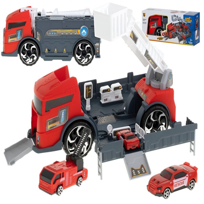 Set Camion Interactiv de Jucarie cu Masina de Pompier si Salvare, Deschidere Fata si Spate, Rampa, Transport Vehicule, Parcare, Benzinarie, Scara Rota