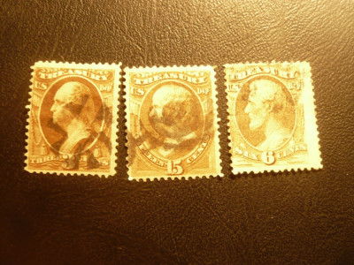 3 Timbre Treasury Stamps -Benjamin Franklin SUA :3,6si15C stampilate foto