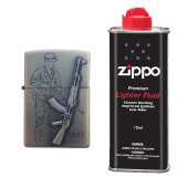 Bricheta tip zippo, 3D relief, metalica, soldat pusca AK47 si lichid zippo 125 ml