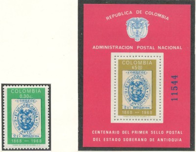 Columbia 1968 Mi 1141 + bl 30 MNH - 100 de ani de timbre foto