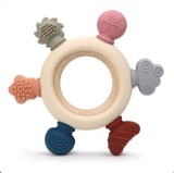 Jucărie de Dentiție Multisenzorial - Inel de dentiție din lemn și silicon - Bej deschis. 0+