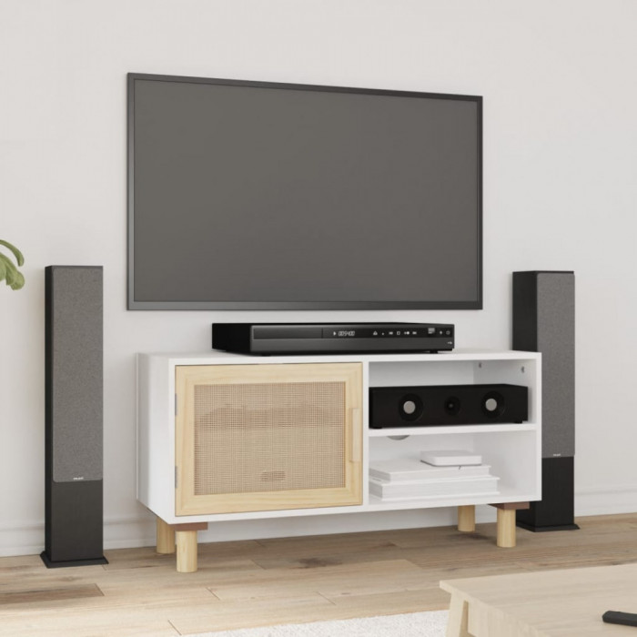 vidaXL Comodă TV, alb, 80x30x40 cm, lemn masiv pin și ratan natural