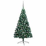 Brad Crăciun artificial jumătate LED &amp; globuri verde 210 cm