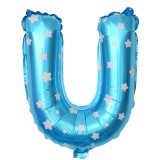 Balon folie metalizata litera u, flippy, 40 cm, cu imprimeu stelute, umflati cu heliu sau aer, ambalaj individual, pai inclus, albastru