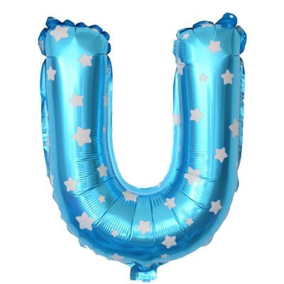Balon folie metalizata litera u, flippy, 40 cm, cu imprimeu stelute, umflati cu heliu sau aer, ambalaj individual, pai inclus, albastru foto