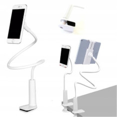 Suport flexibil pentru telefon si tableta, cap rotativ, prindere reglabila, lungime 70 cm - Alb, negru