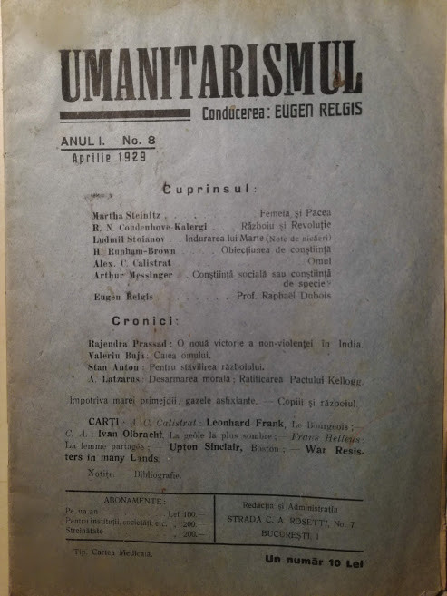 rev. Umanitarismul, An I, Nr.8, Eugen Relgis, 1929, iudaica, pacifist, anarhist