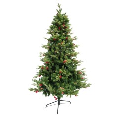 Brad artificial decorat cu conuri pin rosi de craciun 1.5m, diametru 68 cm, 506 ramuri, suport metalic inclus, verde