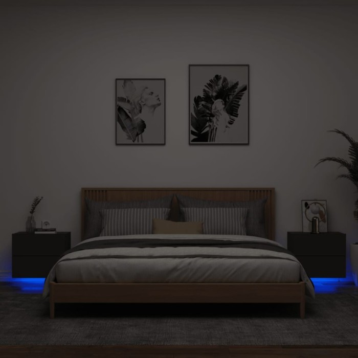 Gossi noptiere montate pe perete cu lumini led, 2 buc., negru