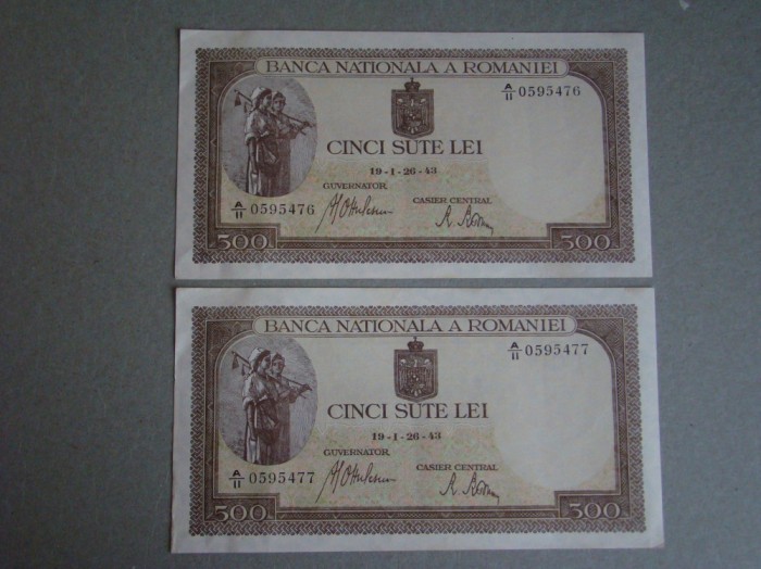 500 lei 1943 Filigran Vertical aUNC - 2 Buc. Serii Consecutive