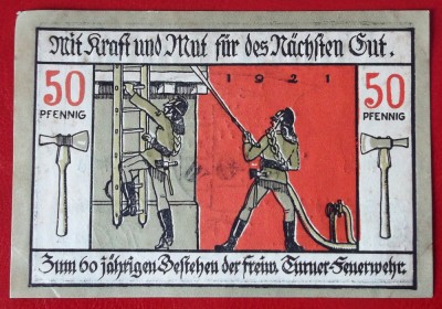 Germania notgeld 50 pfennig 1921 Langensalza - pompieri ** foto