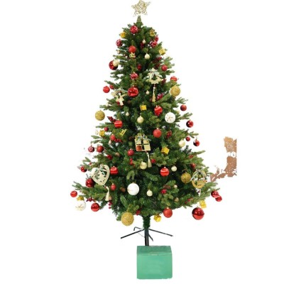 Set brad artificial de craciun decorat cu conuri pin rosii si elemente decorative, 210 cm, verde foto