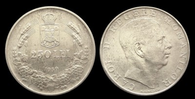 q592 ROMANIA 250 lei 1939 CAROL II argint aUNC foto