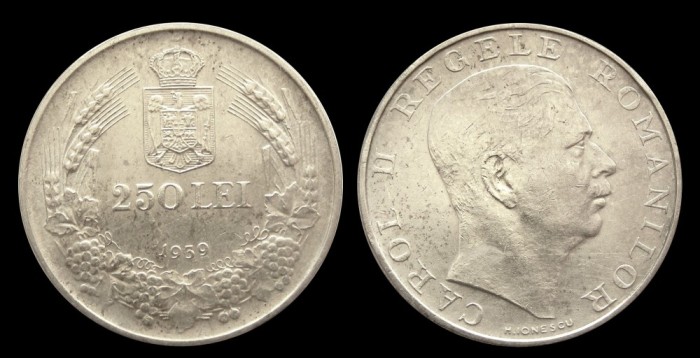 q592 ROMANIA 250 lei 1939 CAROL II argint aUNC