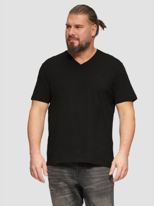 Tricou barbati big sizes cu decolteu in V, cu logo si croiala Regular fit, Negru, 2XL