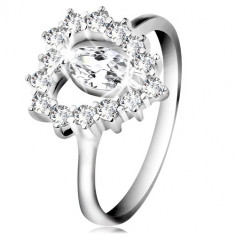 Inel din argint 925, zirconiu fațetat în formă de bobiță, contur de inimă, zirconii transparente - Marime inel: 51