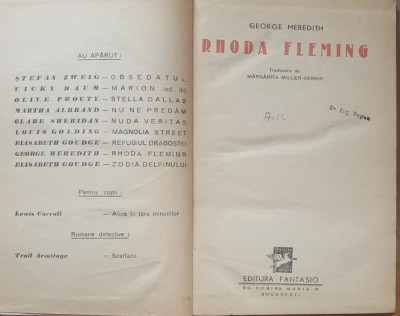 GEORGE MEREDITH - RHODA FLEMING - CARTE VECHE RARA foto