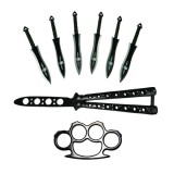Set briceag fluture, rozeta si 6 cutite de aruncat, otel inoxidabil, negru