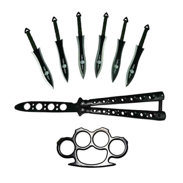 Set briceag fluture, rozeta si 6 cutite de aruncat, otel inoxidabil, negru