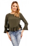 Bluza Dama Eleganta cu Volanase Maneci Clopot Khaki, Decolteu Rotund, Inchidere Nasture. Marimi: S, M, M/L
