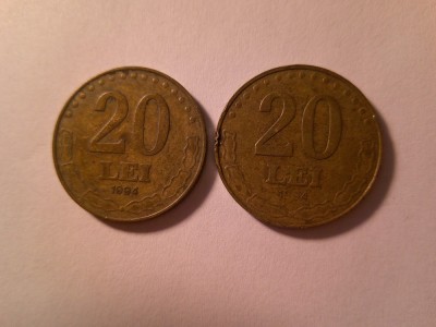 2 Monede 20 lei 1994 , bronz , cal. Buna si slaba foto