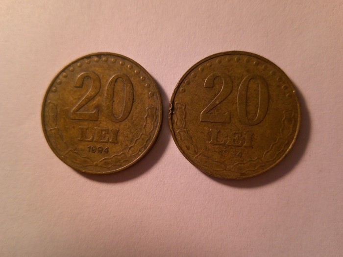 2 Monede 20 lei 1994 , bronz , cal. Buna si slaba
