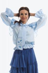 Bluza casual din bumbac cu volane ample si funda brodata