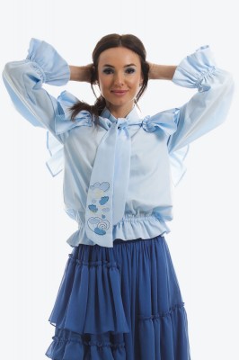 Bluza casual din bumbac cu volane ample si funda brodata foto