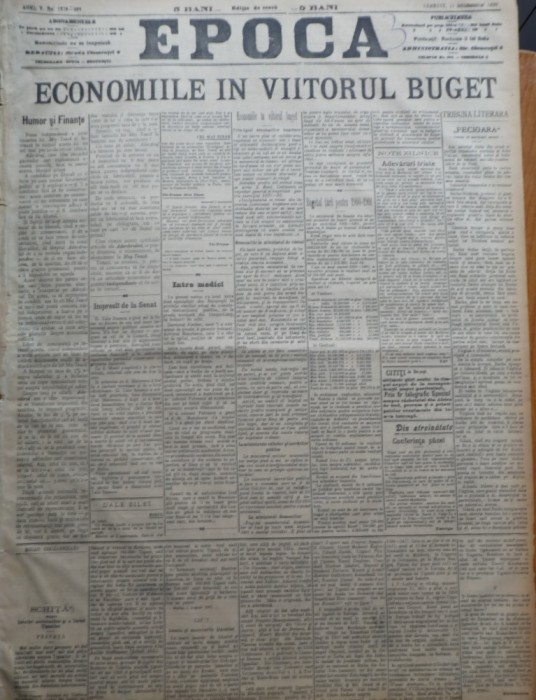 Ziarul Epoca, 11 Decembrie 1899 ; Economiile in viitorul buget