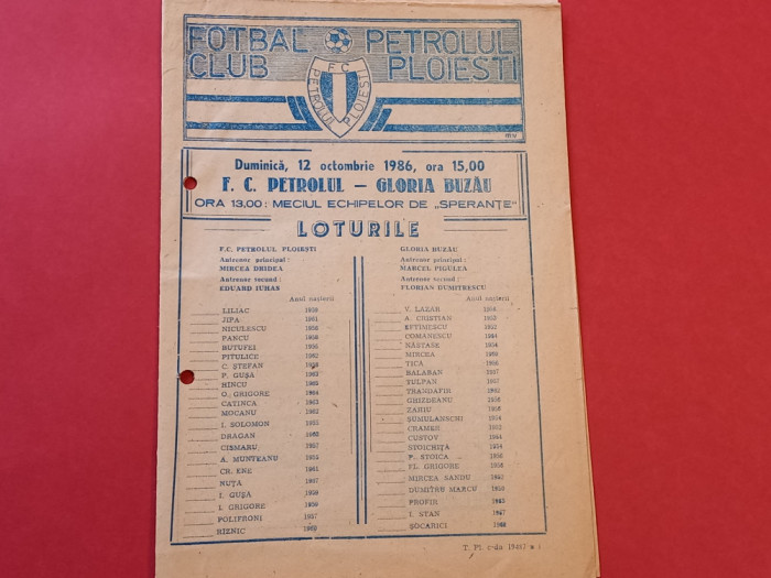 Program meci fotbal PETROLUL Ploiesti - GLORIA BUZAU (12.10.1986)
