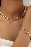 Set Bijuterii Stil Cuban, Lanț si Bratara Gros Auriu cu Inimă Pink Zircon,