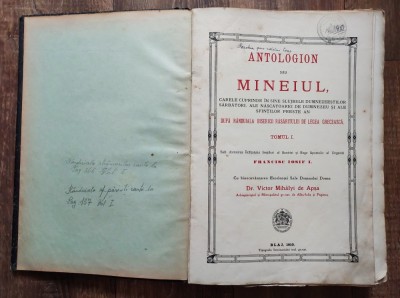 (T) Antologion sau Mineiul &amp;ndash; Blaj, 1910, vol. I, format mare, 496 pagini, lipsa cotor foto